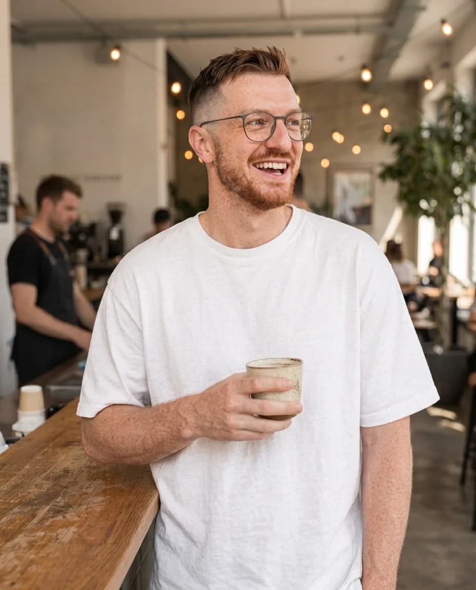 Markus Kober mit Kaffeebecher in einem Café